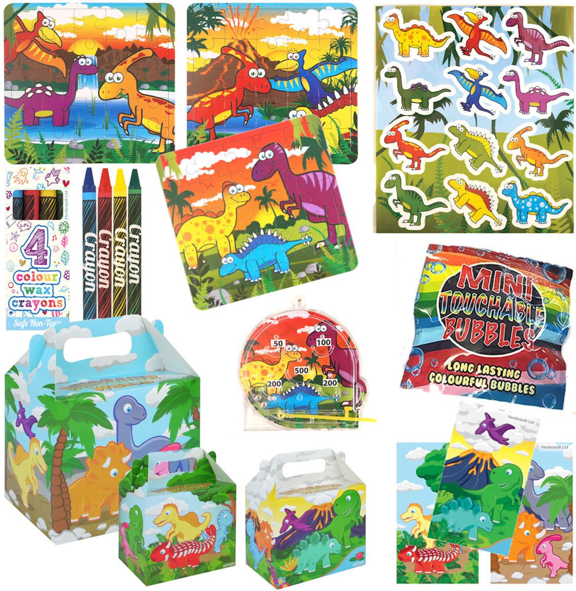 10 STUKS | LUXE DINOSAURUS Traktatie Doos INCLUSIEF SPEELGOED. Bestaande uit: Uitdeelbox, Krijtjes, Notitieblok, Flipperspel, Puzzel, Stickervel en Bellenblaas | Traktaties Uitdeelcadeaus voor Verjaardagen en Kinderfeestjes